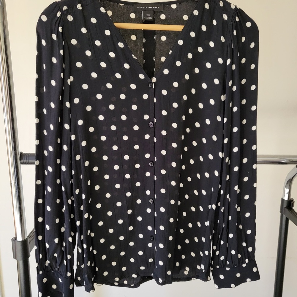 Black Polka Dot Button Down Blouse XXS Oversized